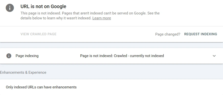 URL Inspection for the tangkaprasa.com collection feed: "URL is not on Google" with the reason "Page is not indexed: Crawled - currently not indexed".