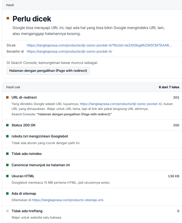 Cek index Google untuk URL produk tangkaprasa.com yang ditambah ?fbclid=. URL-nya di-redirect 301 ke URL produk yang bersih, jadi tool mengaitkannya dengan label Search Console Page with redirect.