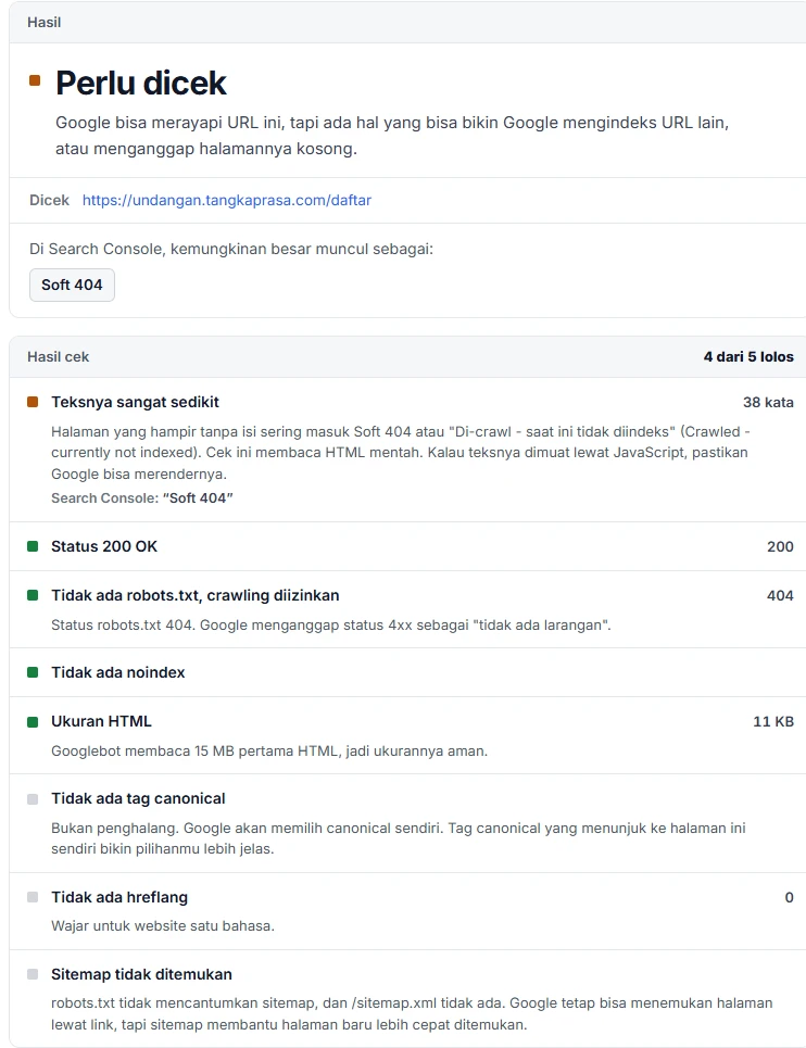 Cek index Google untuk undangan.tangkaprasa.com/daftar. Hasil: Perlu dicek. Satu-satunya peringatan adalah "Teksnya sangat sedikit", 38 kata, yang dikaitkan dengan Soft 404 dan Crawled - currently not indexed.