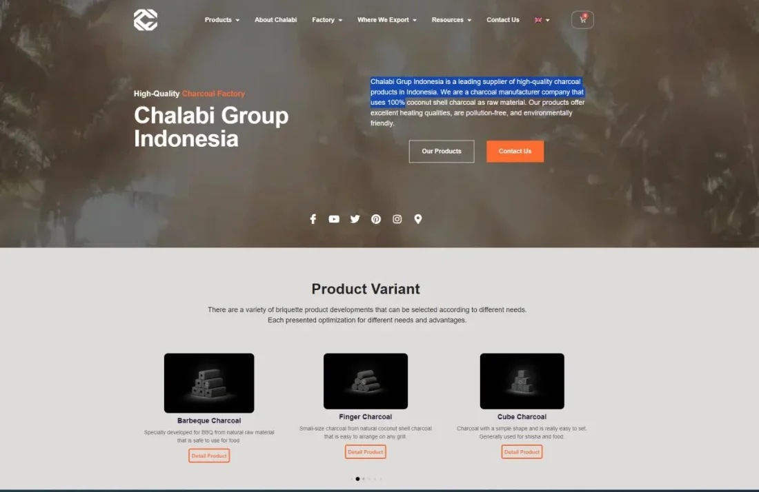 Company profile website designed for a charcoal exporter