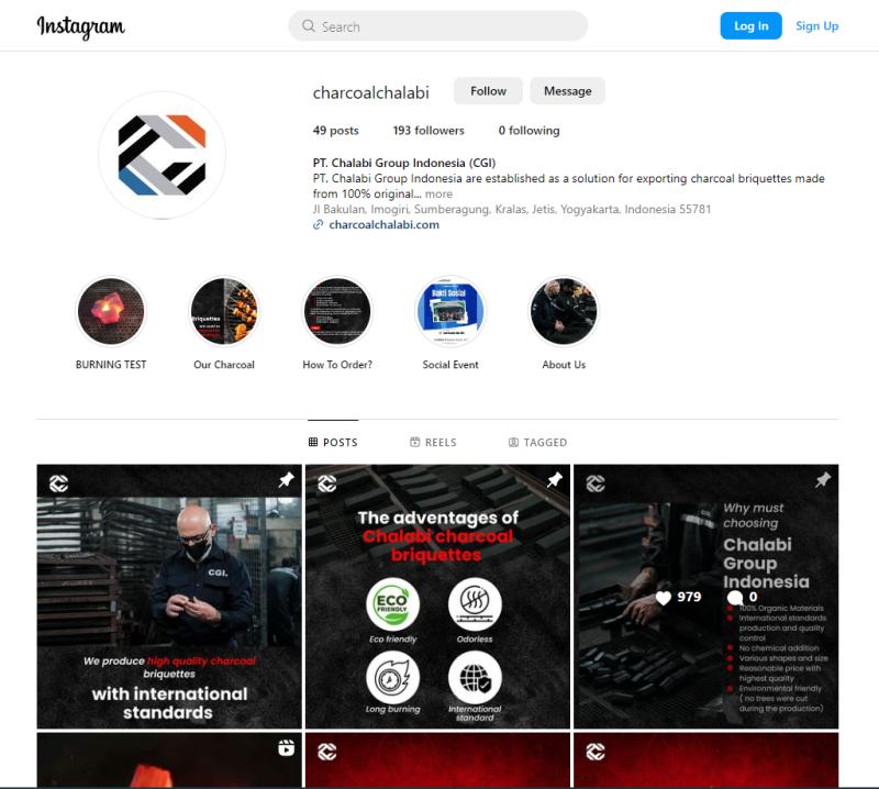 Instagram profile optimized for a charcoal exporter