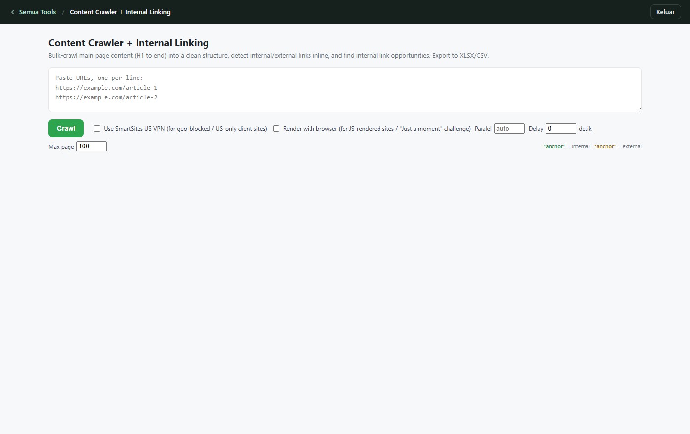 Content Crawler tool interface