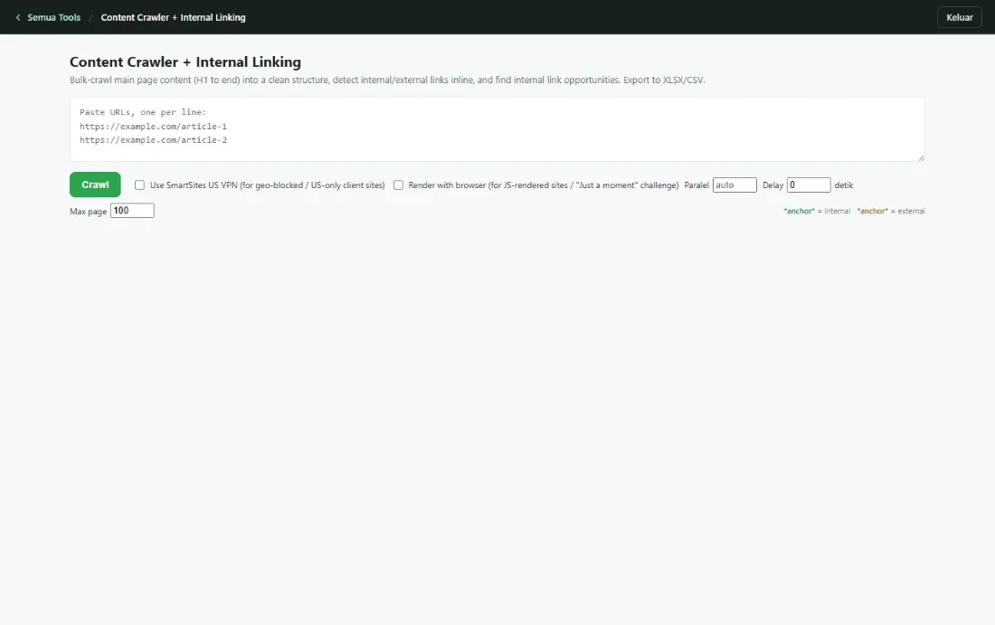 Content Crawler tool interface