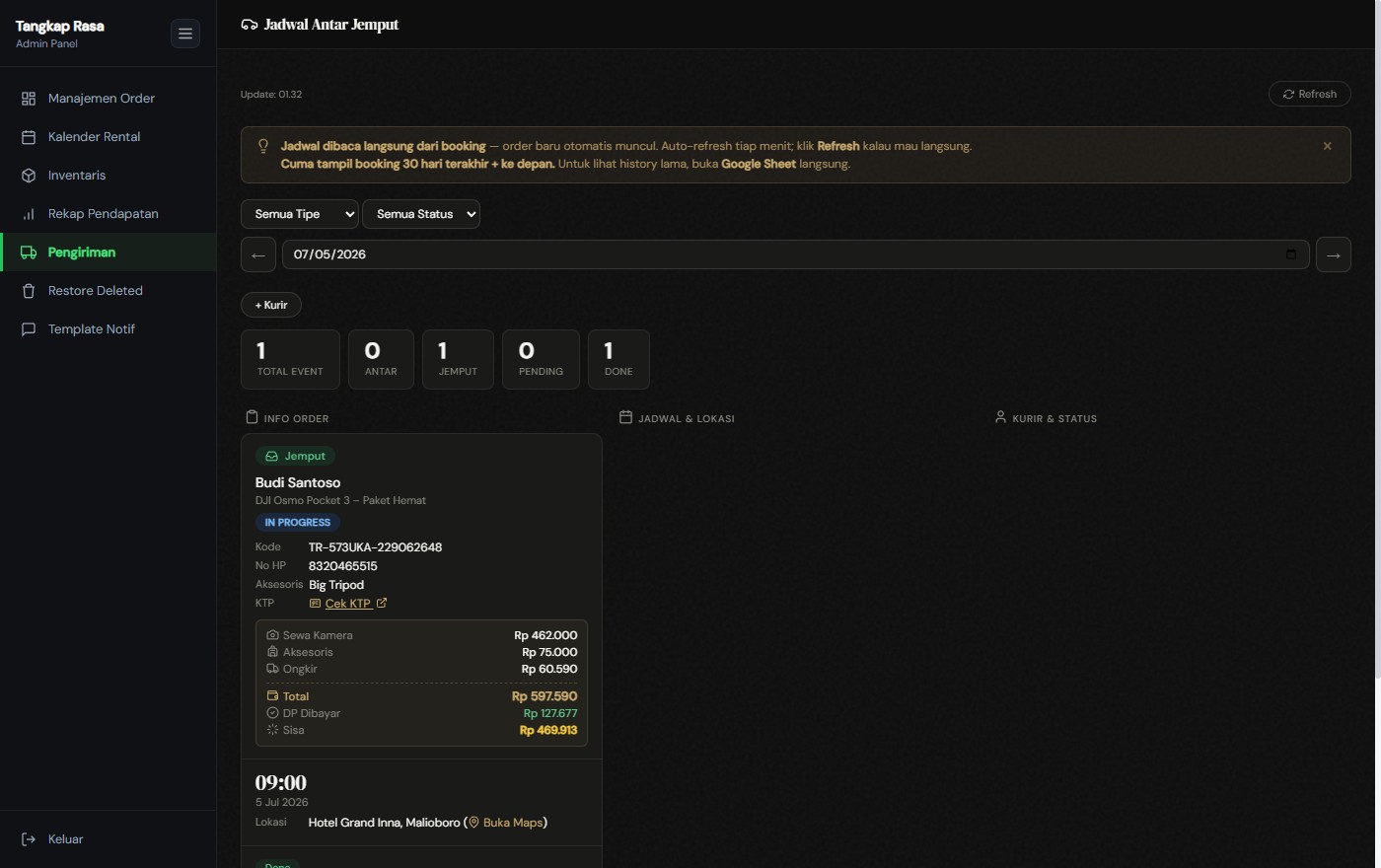 Delivery dispatch board with order info, schedule, and courier status