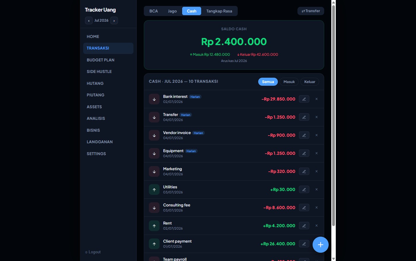 Finance app dashboard with balances and transactions