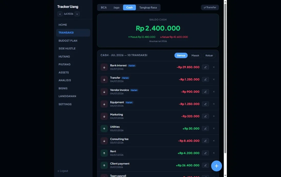 Finance app dashboard with balances and transactions
