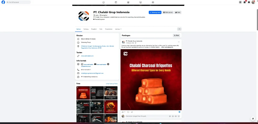 Optimized Facebook business page for PT Chalabi Grup Indonesia with complete details and branded content