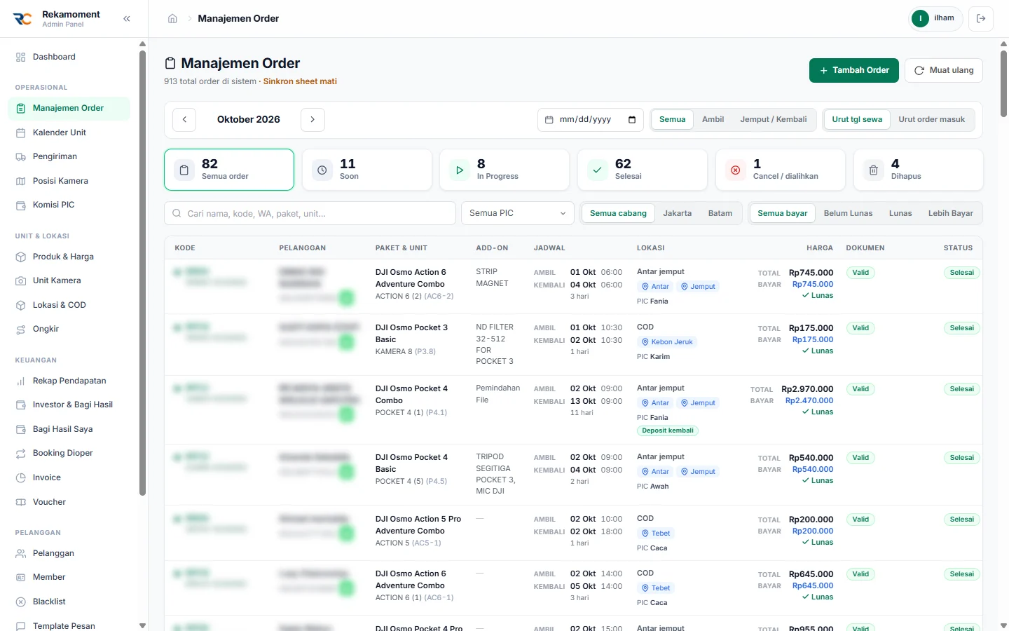 Rekamoment rental dashboard order management screen, customer details blurred