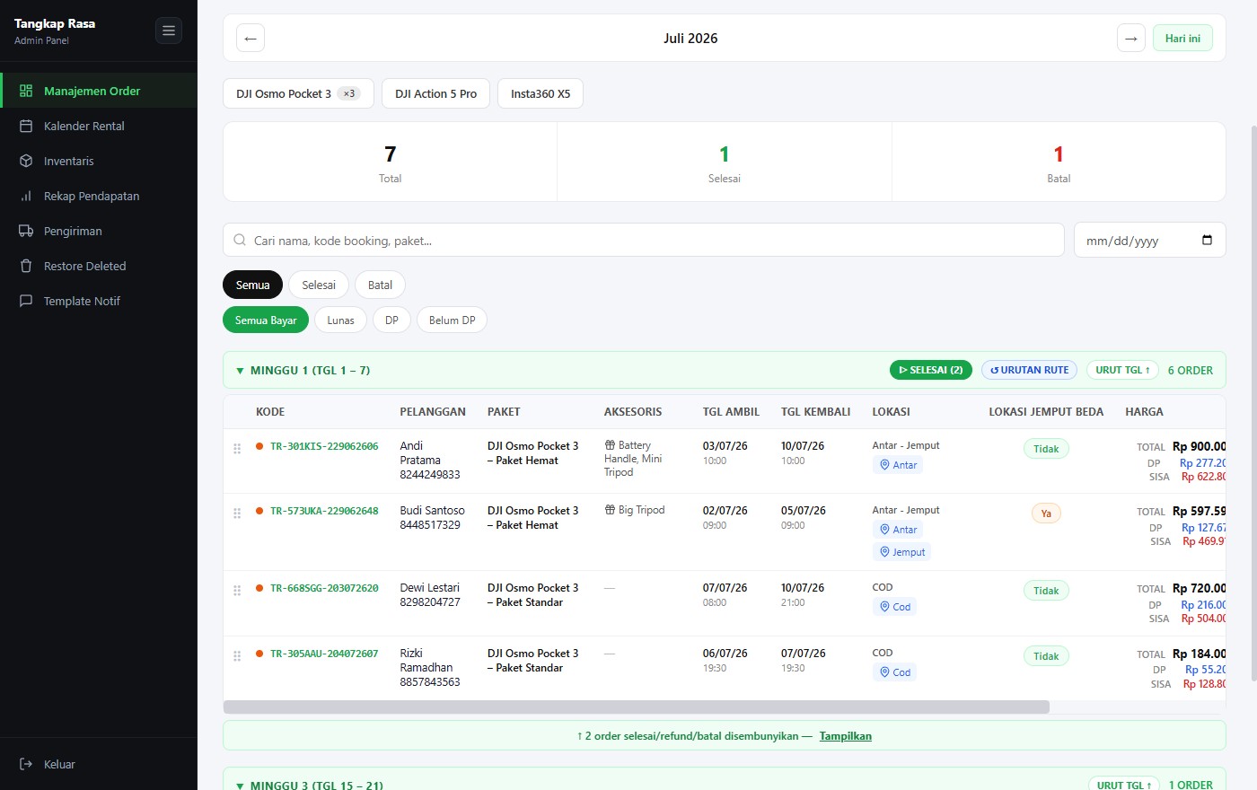 Rental order management dashboard with a booking table and calendar