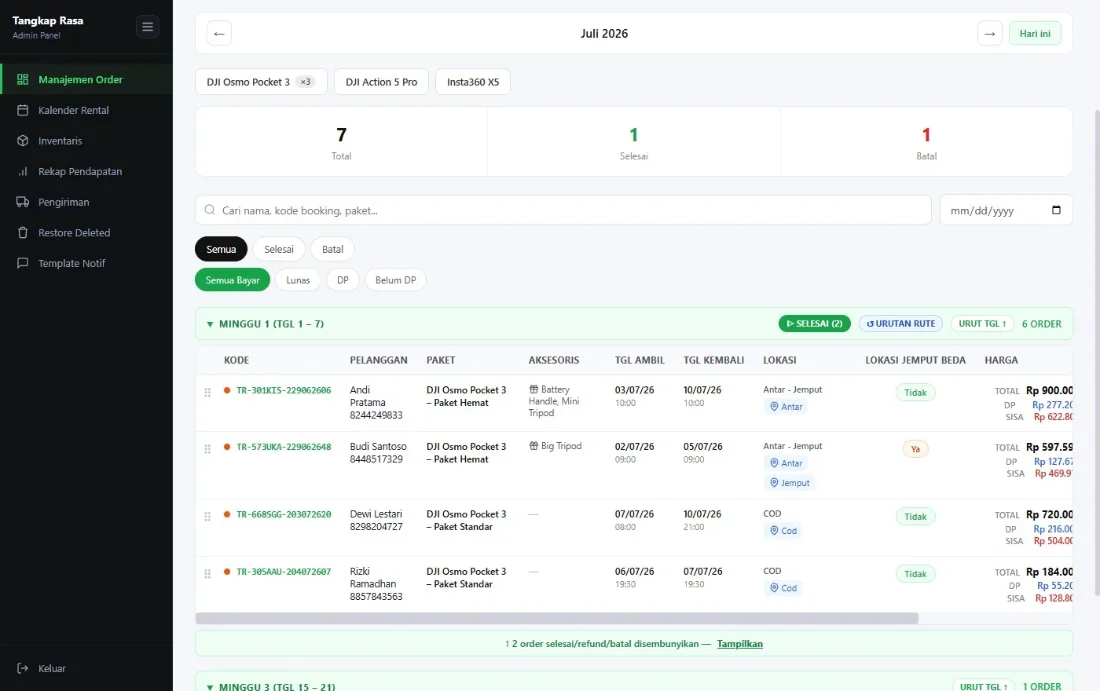 Rental order management dashboard with a booking table and calendar