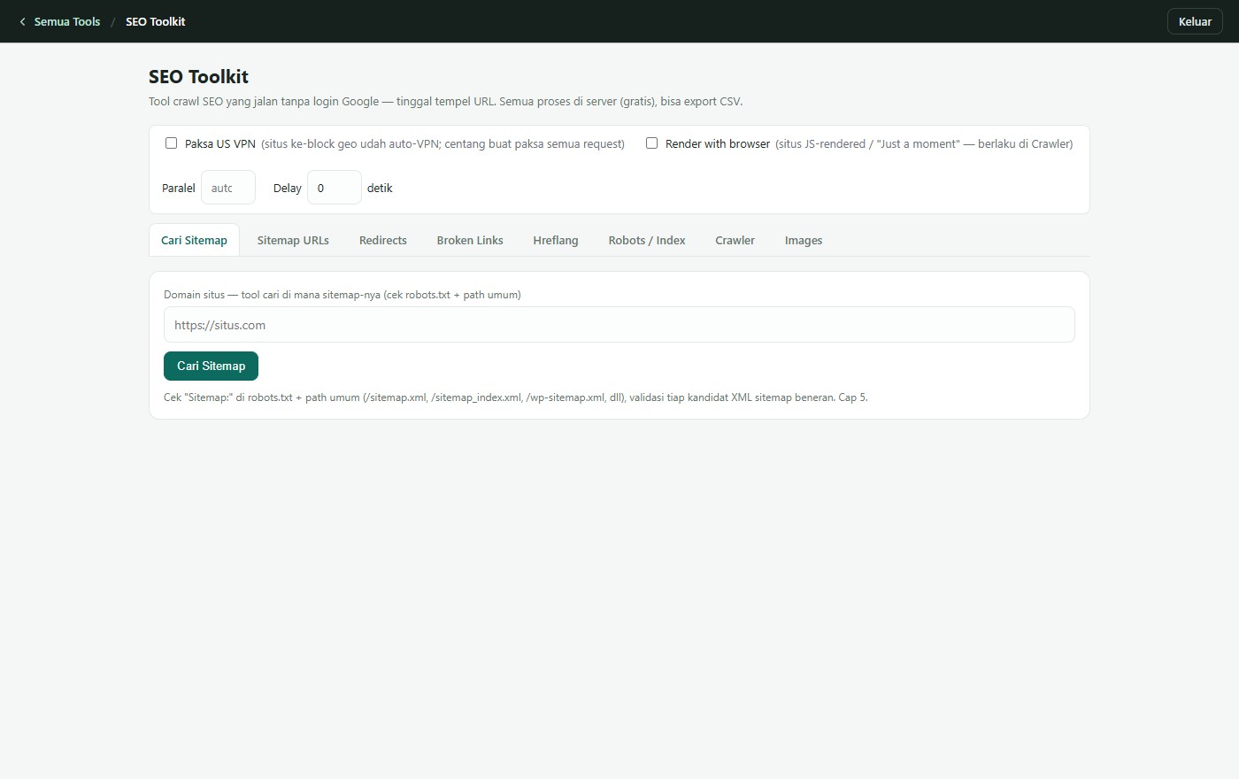 SEO Toolkit app interface with crawl tabs
