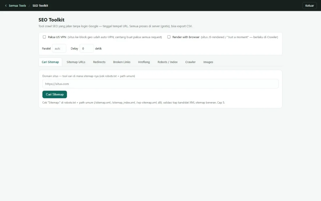 SEO Toolkit app interface with crawl tabs