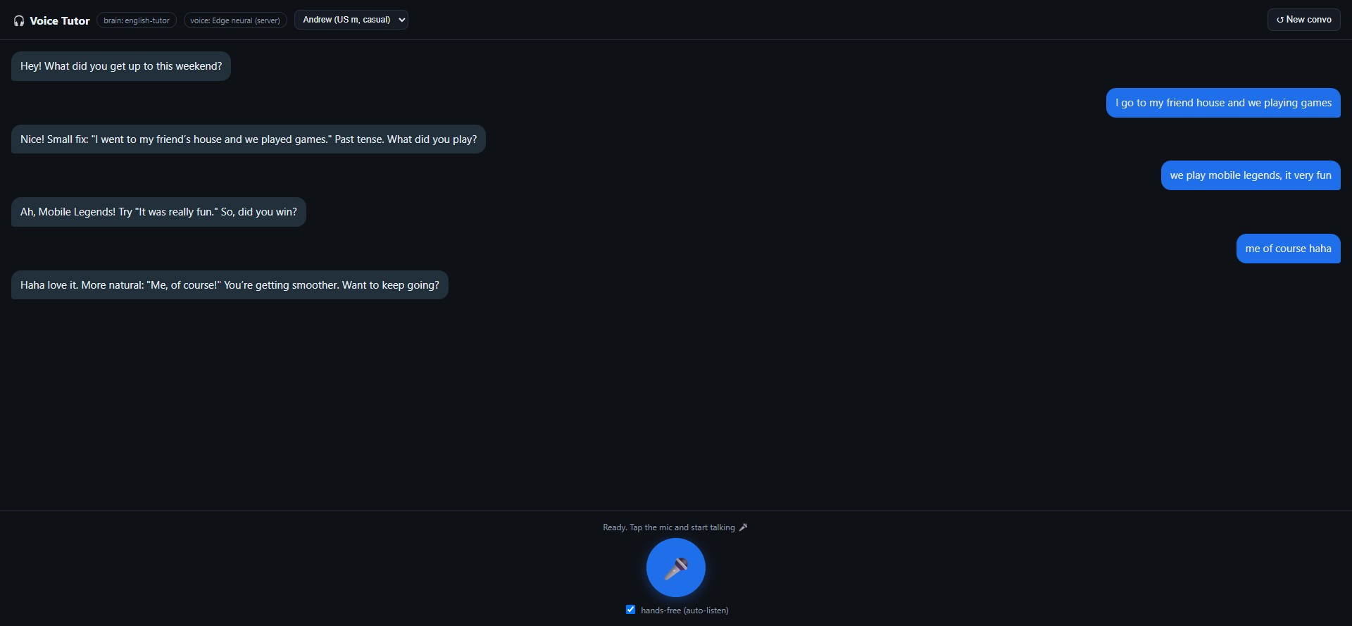AI voice tutor chat correcting a learner's English in real time