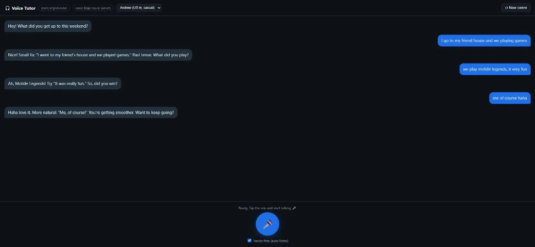 AI voice tutor chat correcting a learner's English in real time